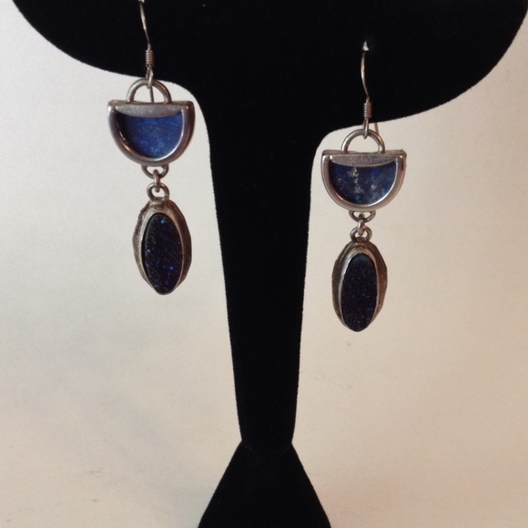 Druzy Quartz Roman Glass Earrings Sterling Silver Pierced Dangle Handcrafted - Picture 3 of 7